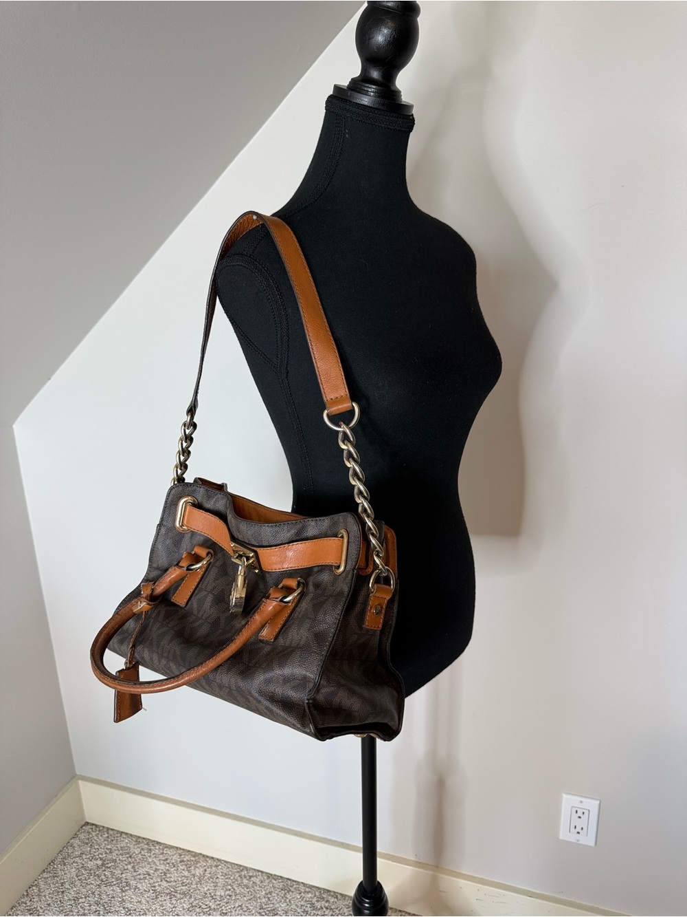 MICHAEL KORS Leather Brown Hamilton Satchel Bag Logo Monogram Lock Chain *FLAWS - Picture 2 of 16